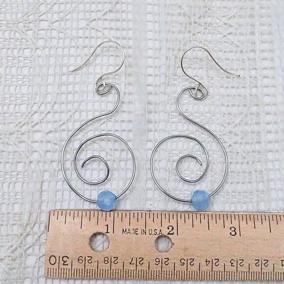 Silver Dangle Spiral Earrings with Blue Stone Handmade Lightweight Drop Earrings - Picture 8 of 8